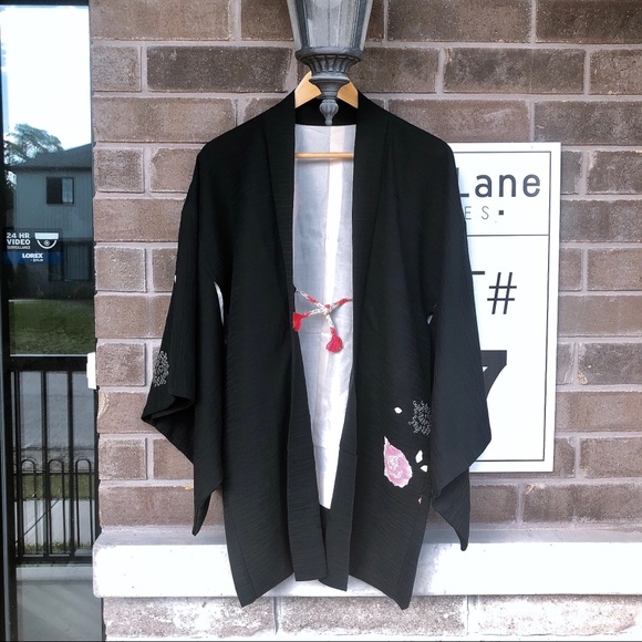 Japanese vintage 100%silk haori kimono jacket blk - Picture 1 of 5